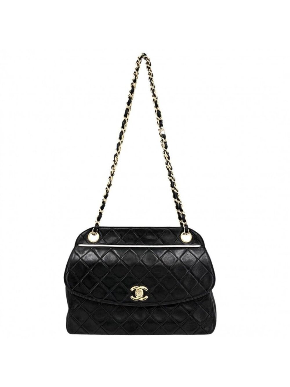 Chanel Shoulder Bag Quilted Chain Turnlock Crossbody CC Logo Lambskin Black Gold